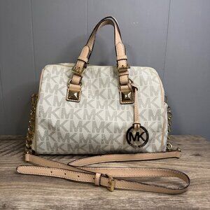 Michael Kors Grayson Logo Small White/Acorn Tan Duffel Crossbody Bag